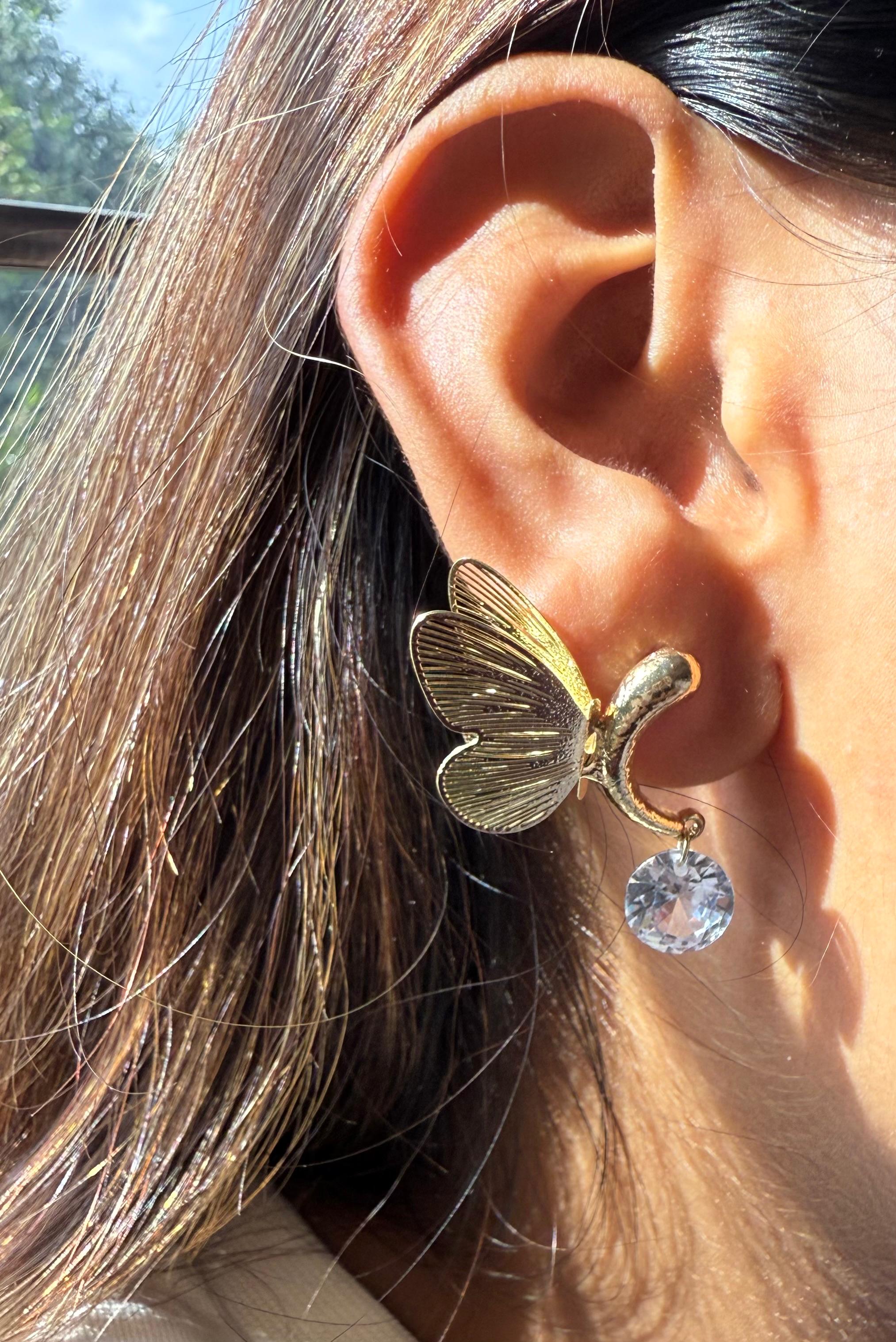 Half butterfly wings with rhinestones stud earrings