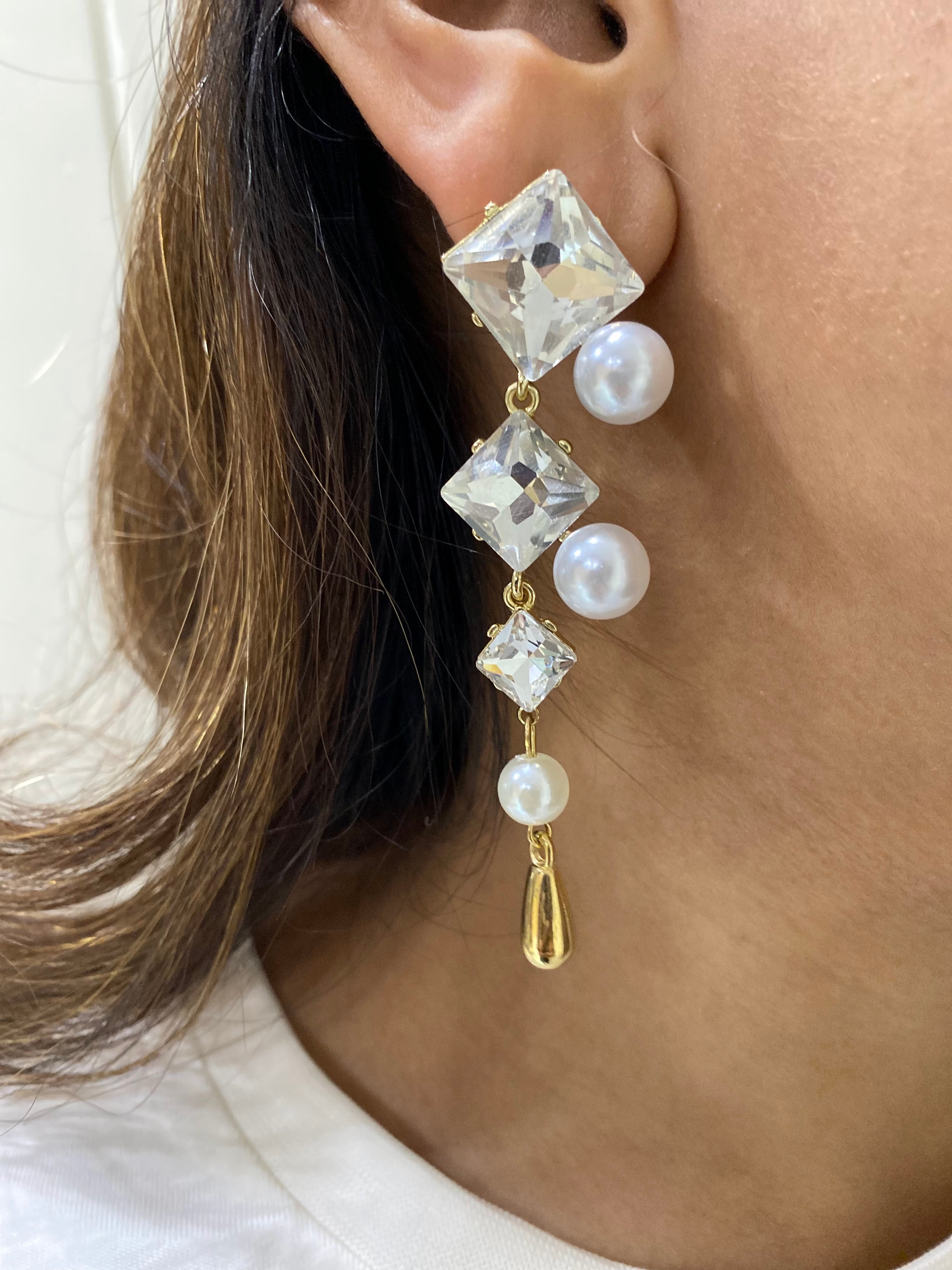 Latest American hanging long white silver pearl earrings