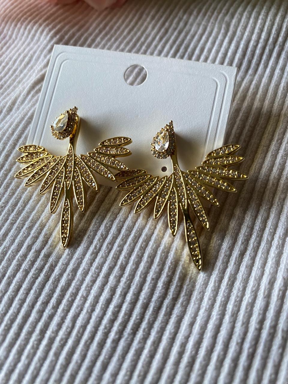 Korean rose gold elegant feather shape zirconia premium earrings