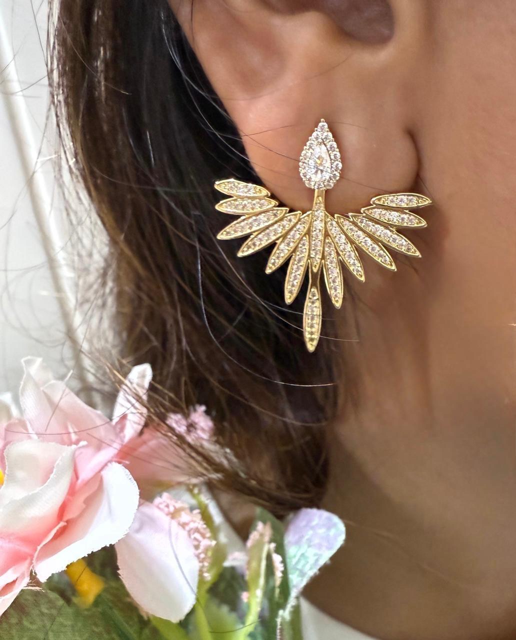 Korean rose gold elegant feather shape zirconia premium earrings