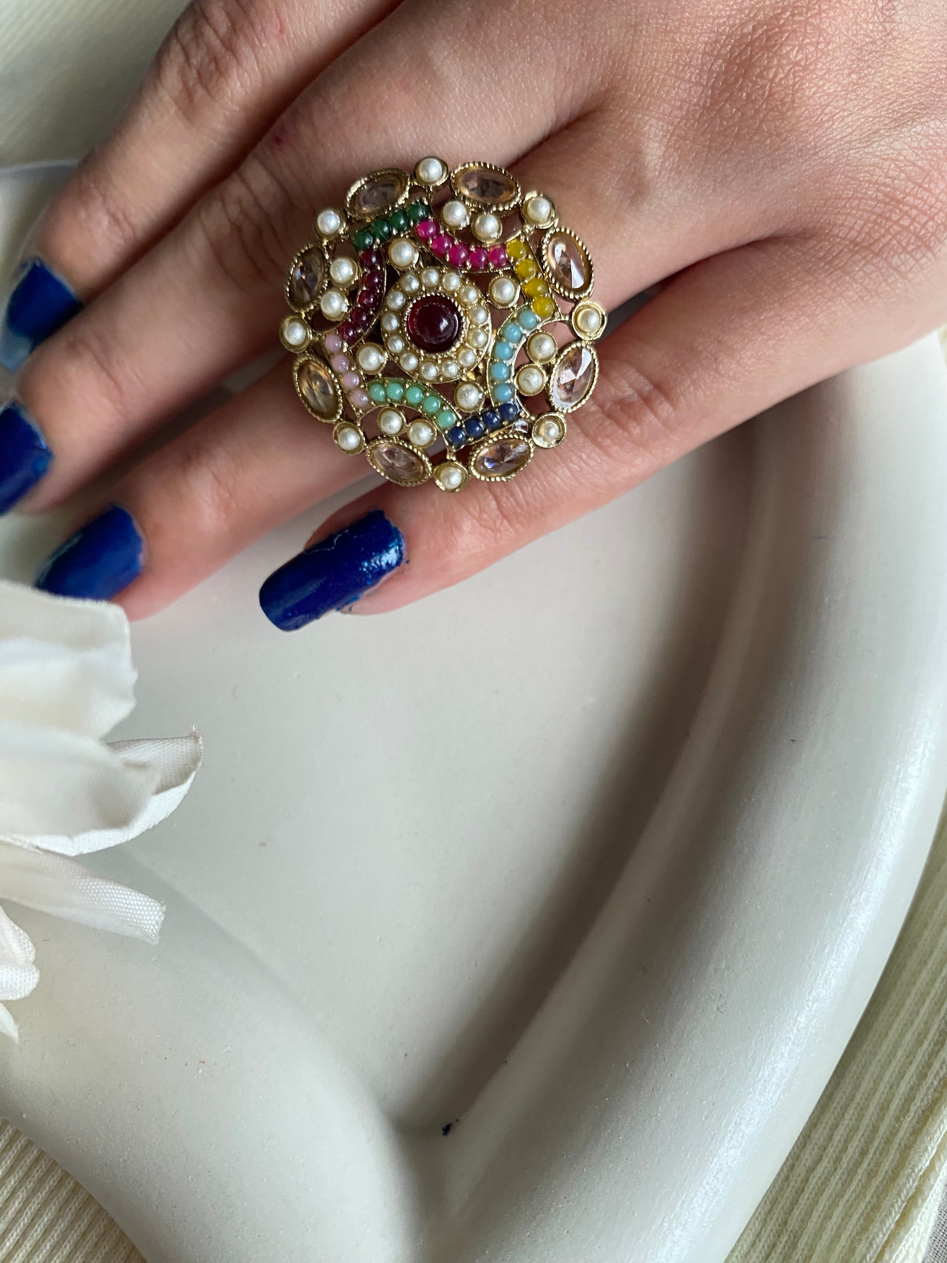 Multicolor Royal Kundan Pearl ring