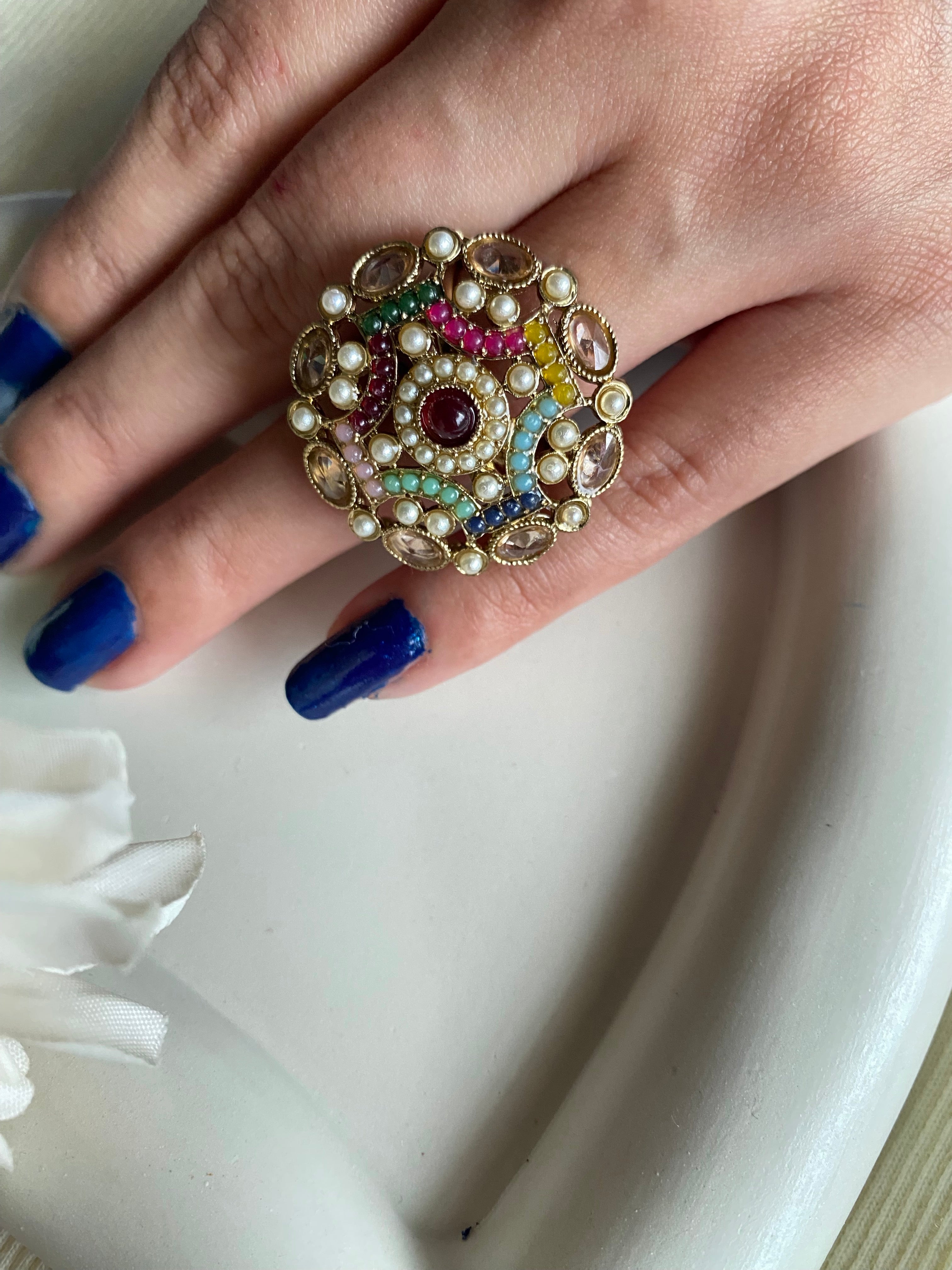 Multicolor Royal Kundan Pearl ring