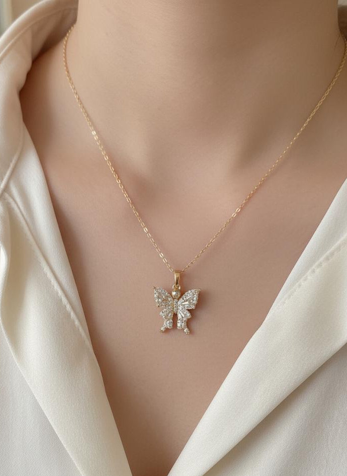 Golden Butterfly Crystal Pendant Necklace