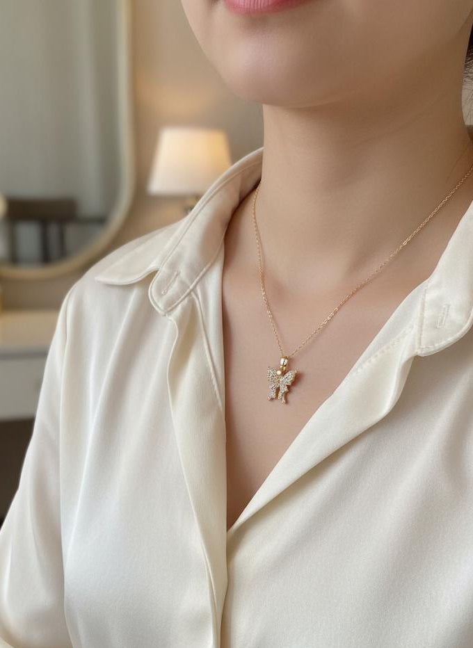 Golden Butterfly Crystal Pendant Necklace