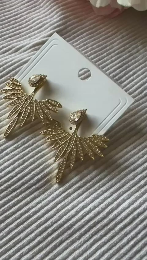 Korean rose gold elegant feather shape zirconia premium earrings